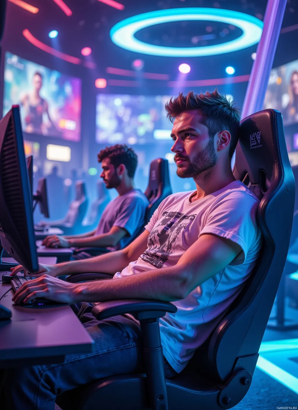 Двое людей сидят за игровыми компьютерами, полностью поглощены происходящим на экранах, в яркой, неоновой обстановке.