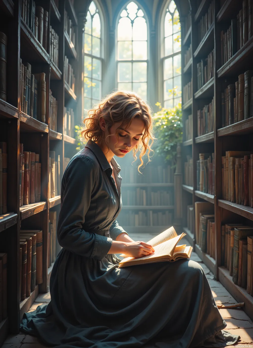 В полумраке библиотеки женщина в длинном платье читает книгу, залитая солнечным светом, проникающим сквозь окна.