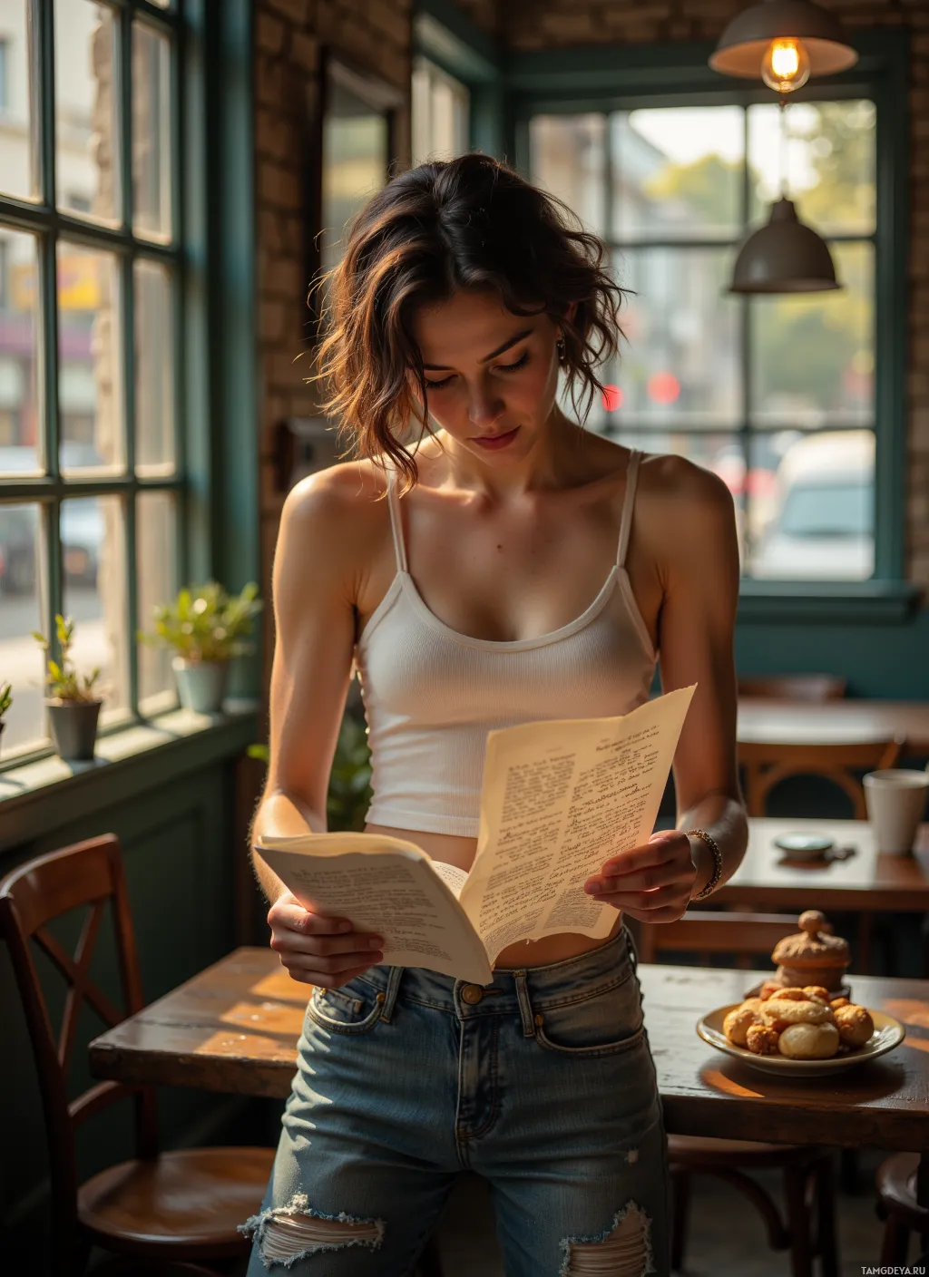 Женщина читает книгу в уютном кафе.