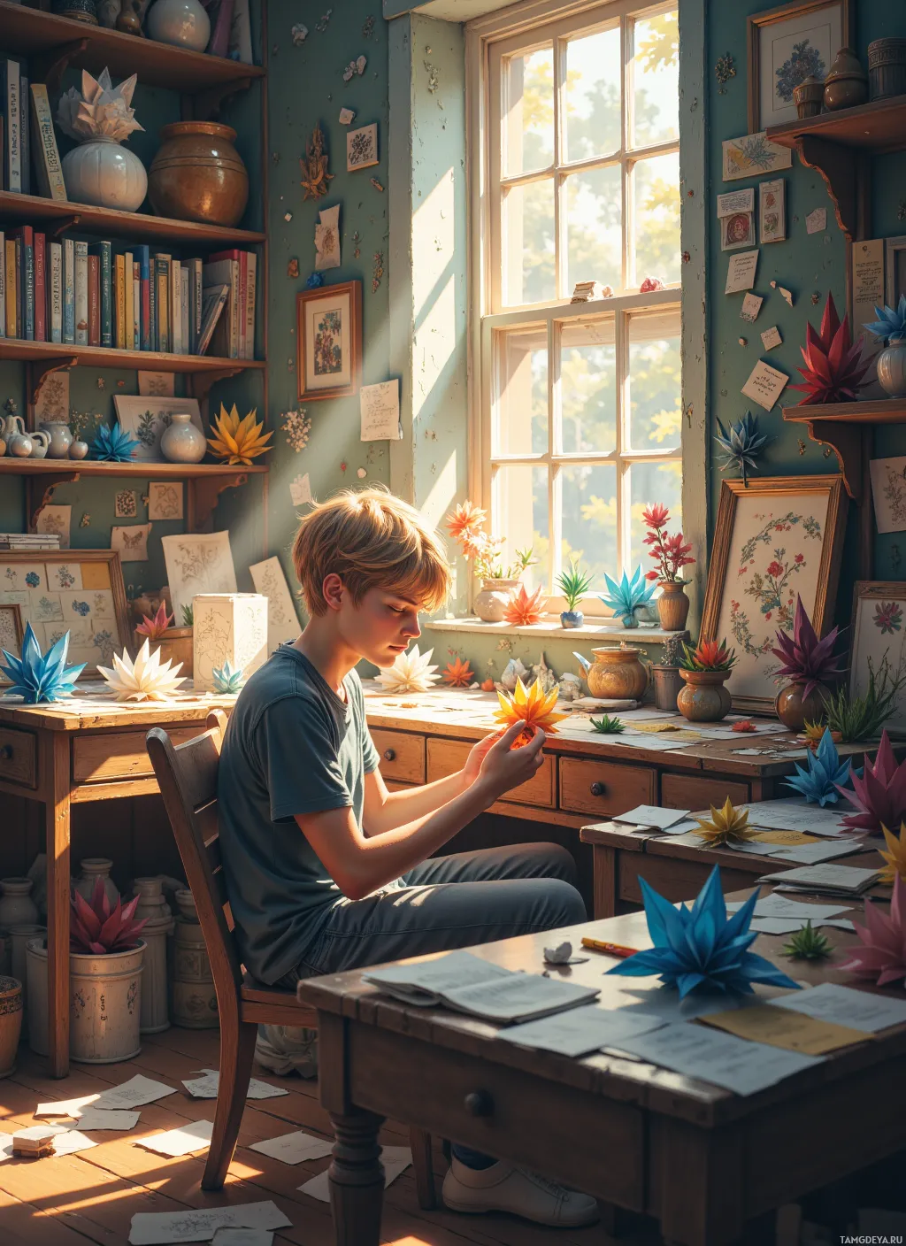 Молодой человек сидит за столом в залитой солнцем комнате, окруженный книгами, растениями и цветами оригами.