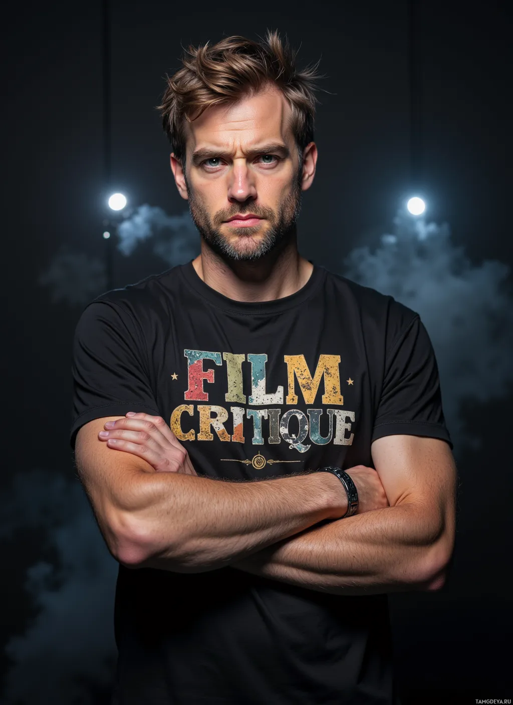 Мужчина в черной футболке с надписью "FILM CRITIQUE" стоит, скрестив руки, на фоне темной поверхности.