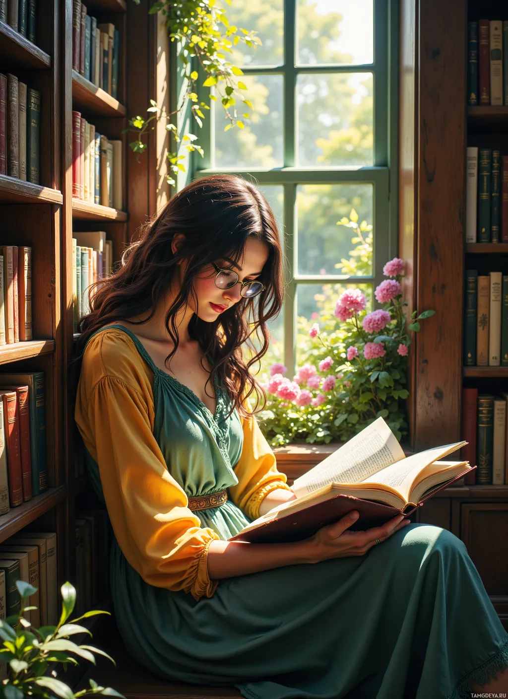 В библиотеке у окна читает книгу женщина в зеленом платье.