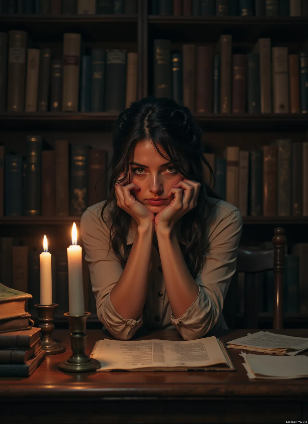 В полумраке комнаты, среди книг и свечей, женщина сидит за столом, погружённая в раздумья.