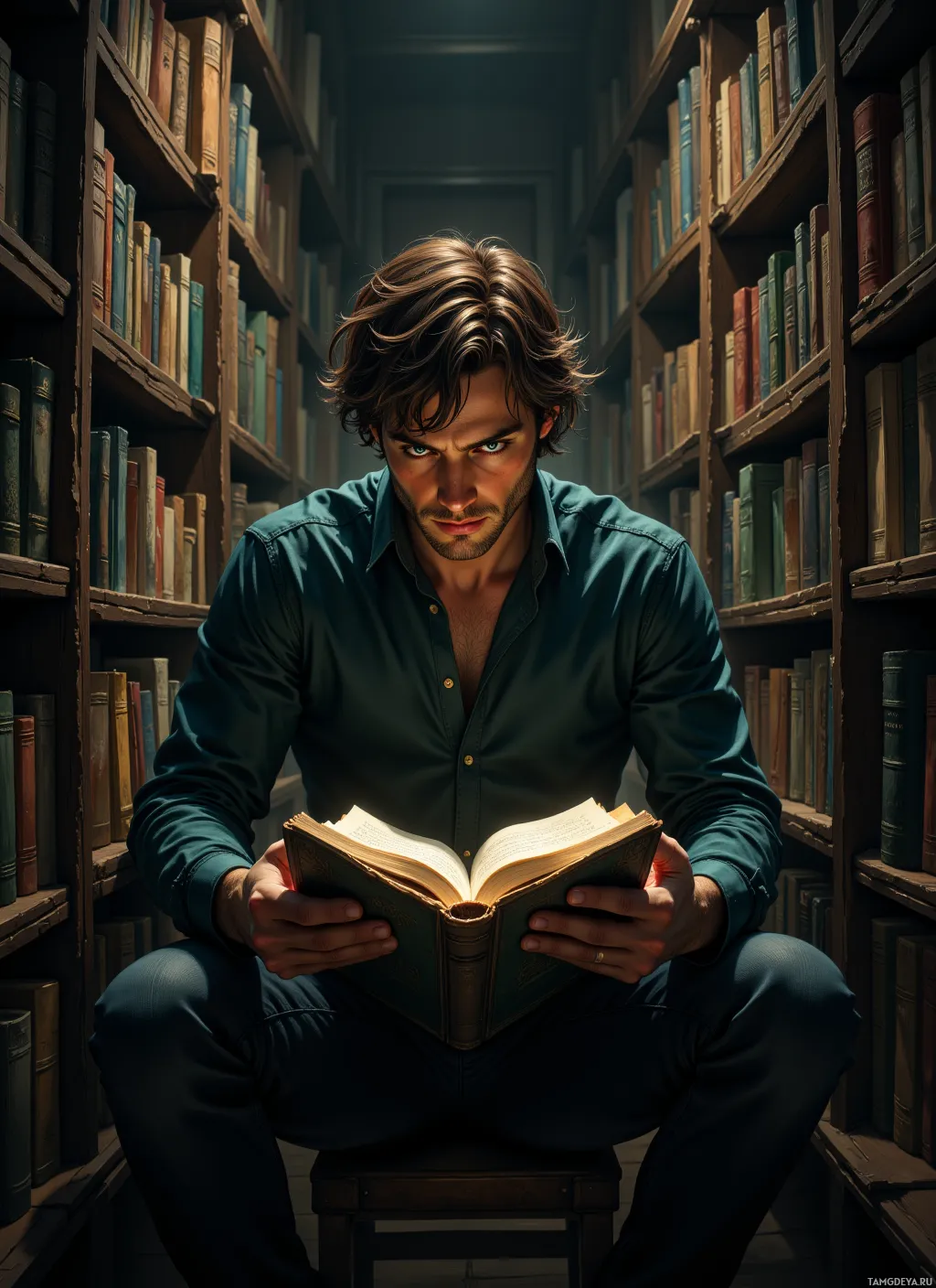 Мужчина сидит в библиотеке, увлечённо читая раскрытую книгу.