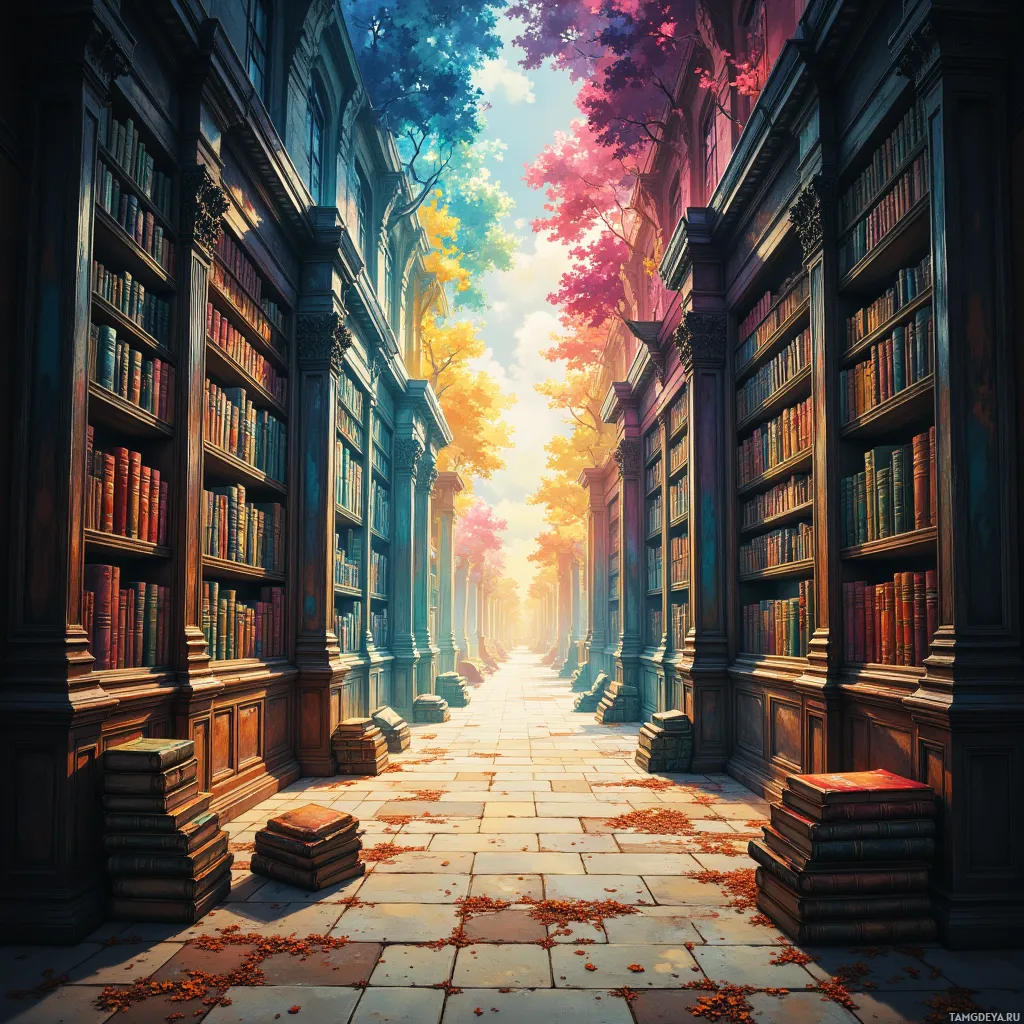 Тихий книжный уголок, уставленный полками с книгами, с опавшими осенними листьями на полу.