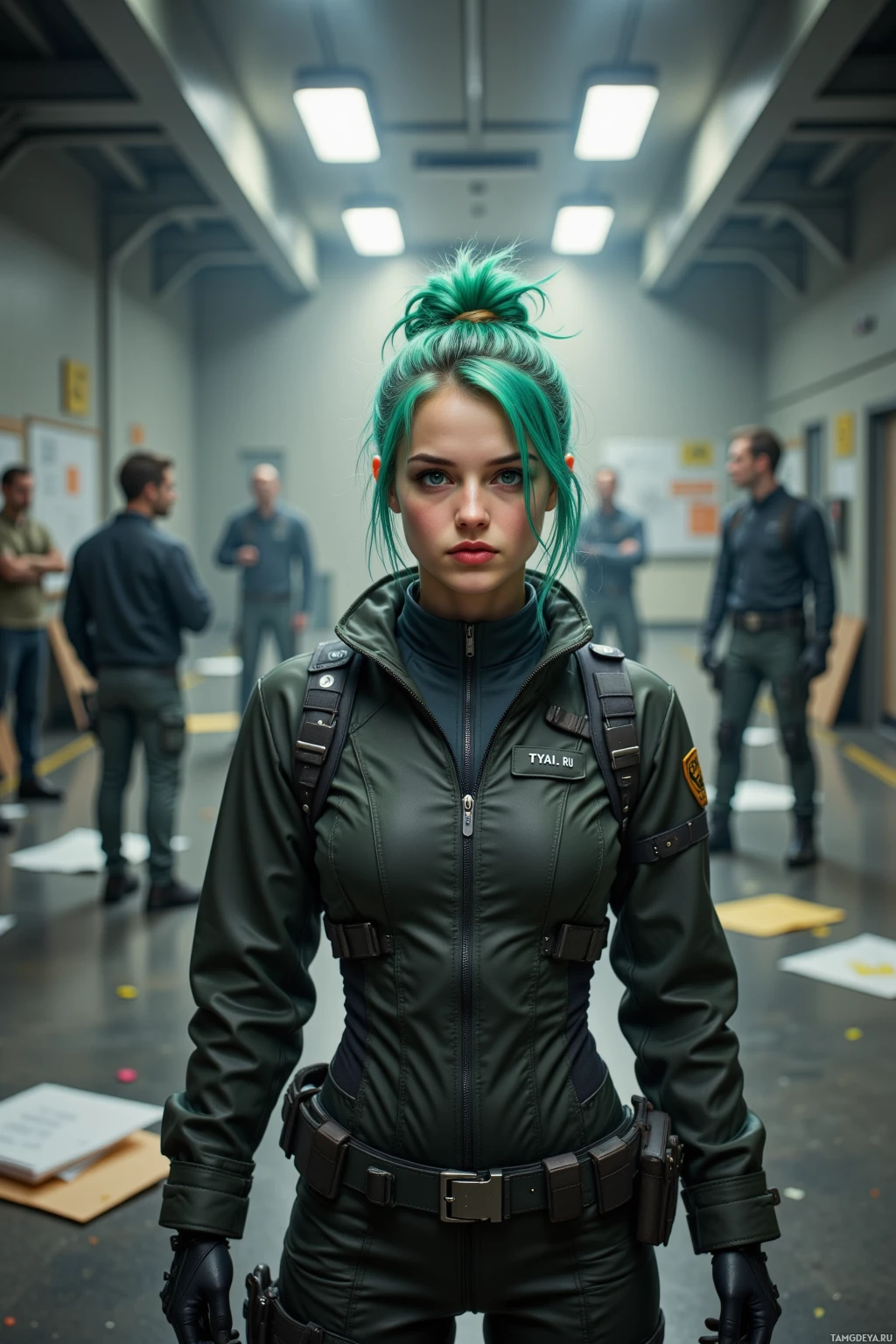 Человек в зеленой тактической форме стоит в коридоре, на заднем плане видны другие люди.