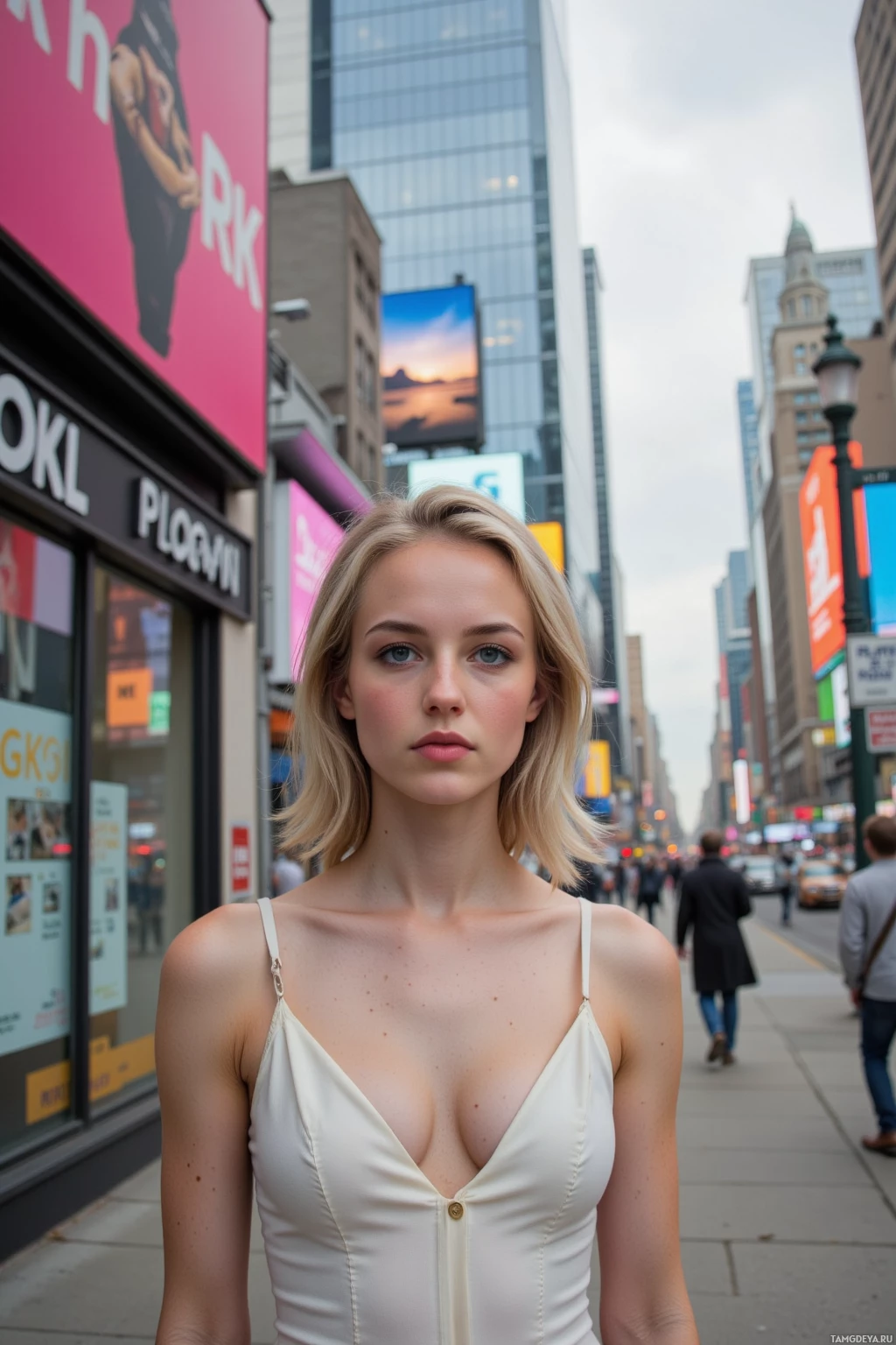 На городской улице стоит женщина в белой блузке, на заднем плане видны высокие здания и рекламные вывески.