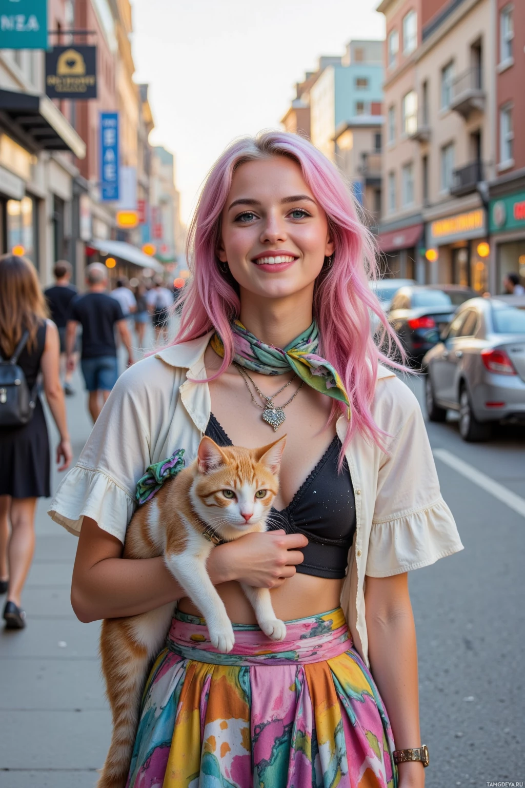 На оживленной улице девушка с розовыми волосами держит на руках кота.
