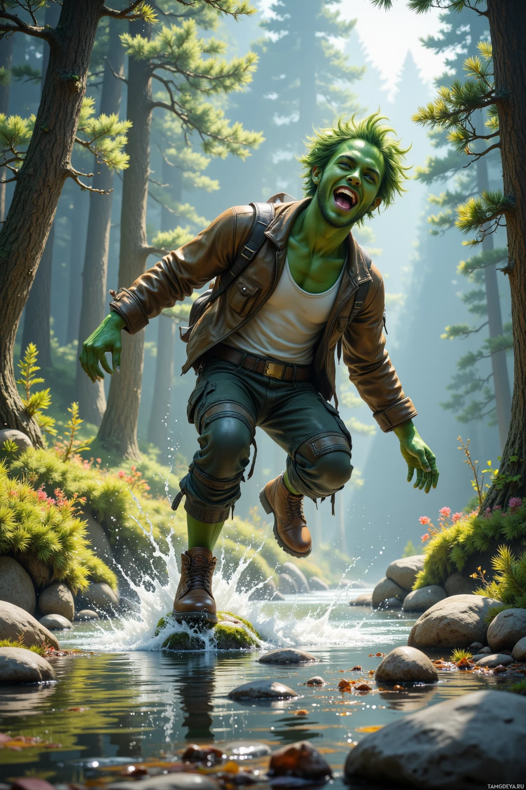 Человек с зеленой кожей и волосами перепрыгивает через ручей в лесу.