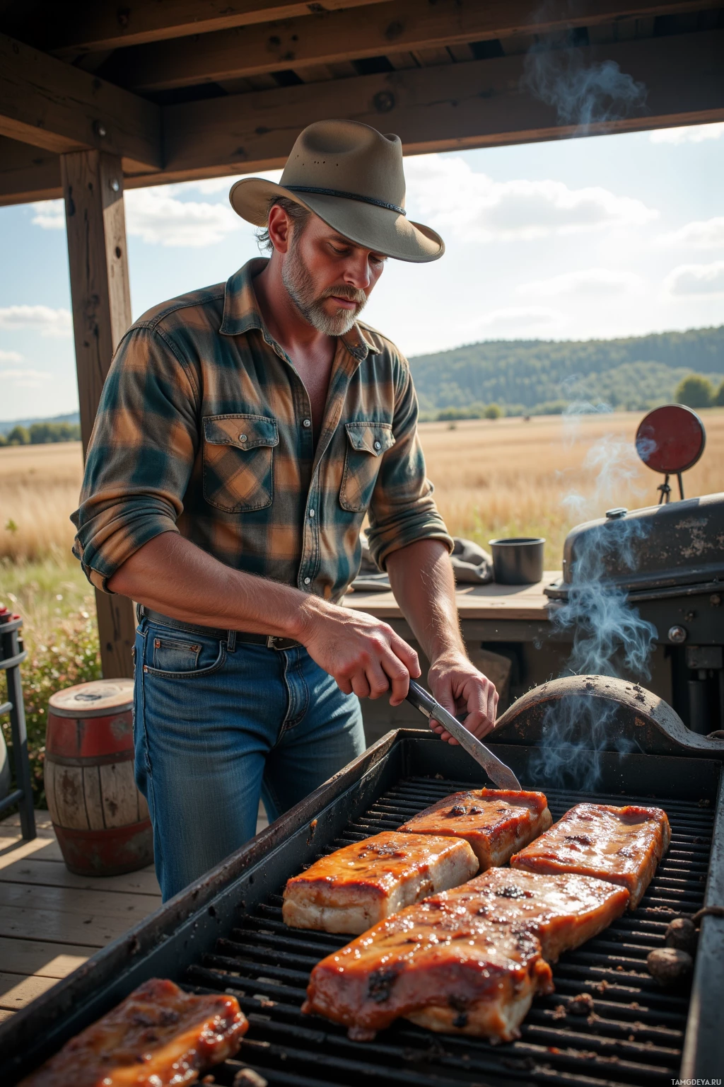 Мужчина готовит мясо на гриле на открытом воздухе, под деревянным навесом.