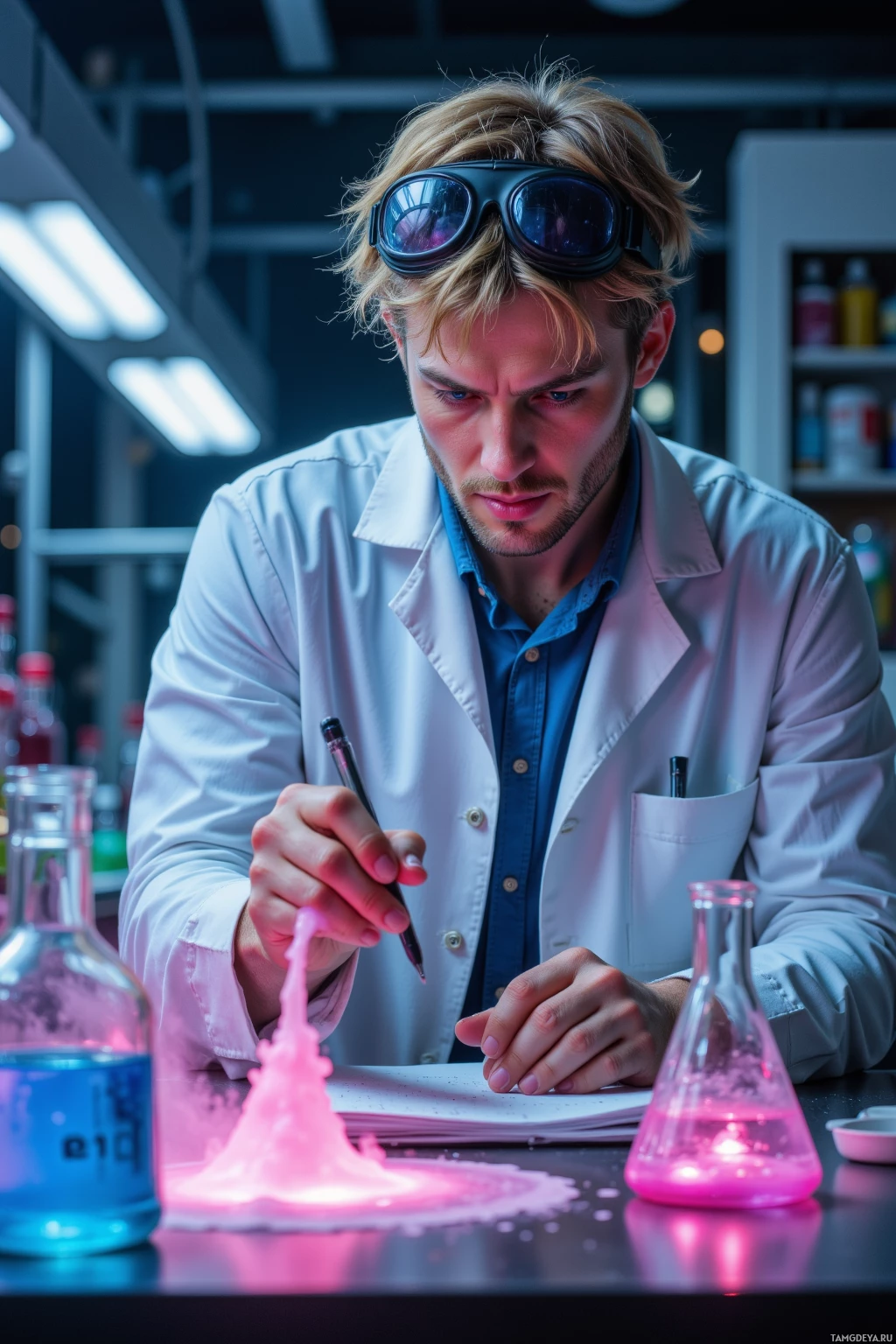 Ученый в белом халате и очках что-то записывает ручкой в блокнот, на фоне лабораторного оборудования.