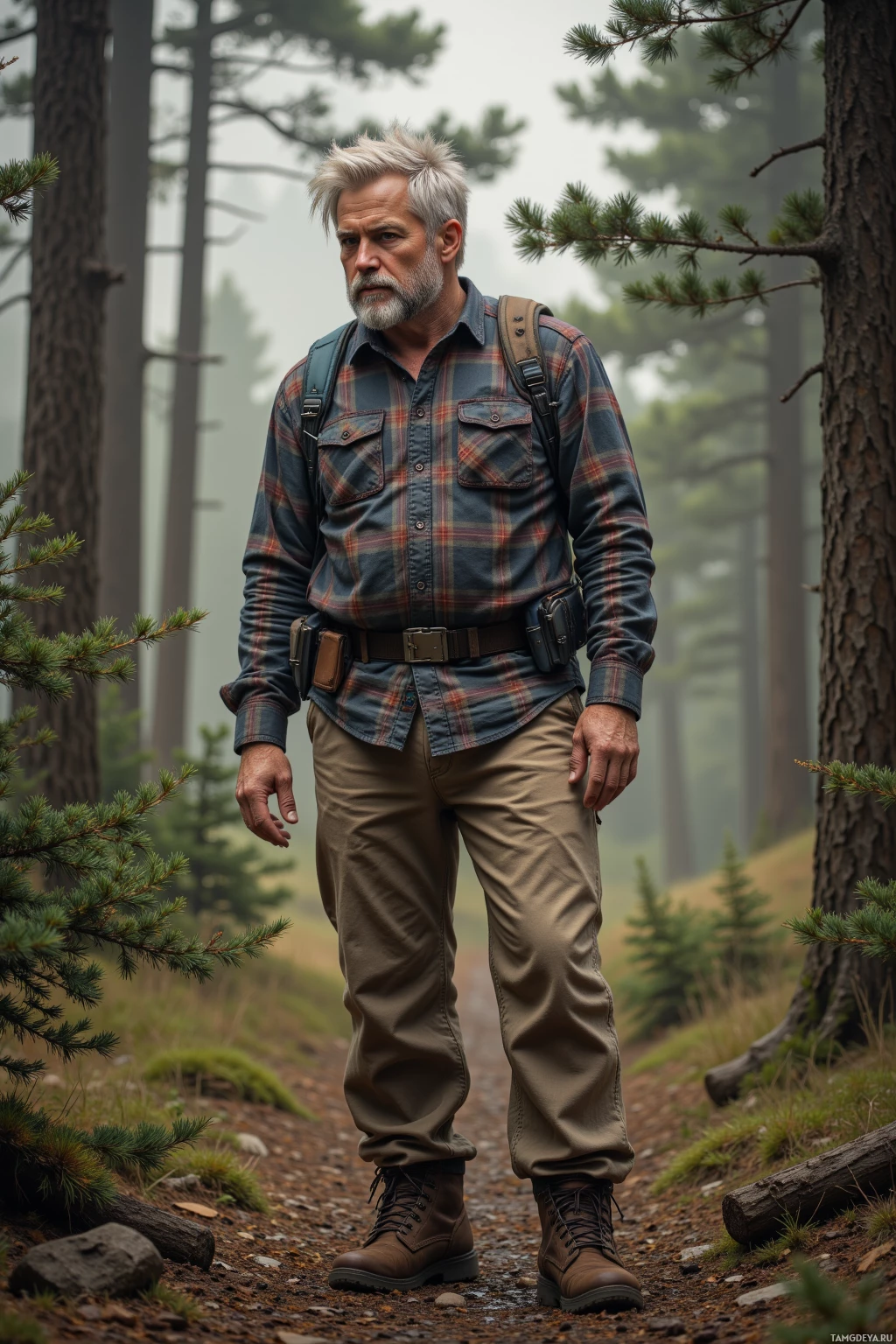 Мужчина в клетчатой рубашке и трекинговых ботинках стоит на лесной тропинке.