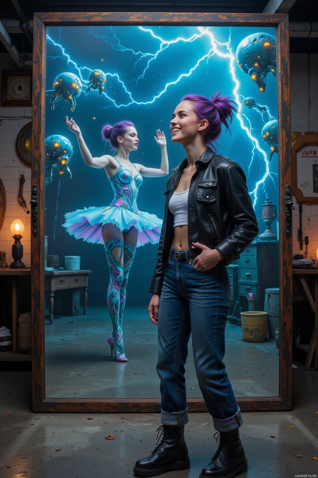 Женщина в кожаной куртке и джинсах стоит перед зеркалом, в котором отражается балерина в пачке, а на заднике – молнии и существа, похожие на инопланетян.