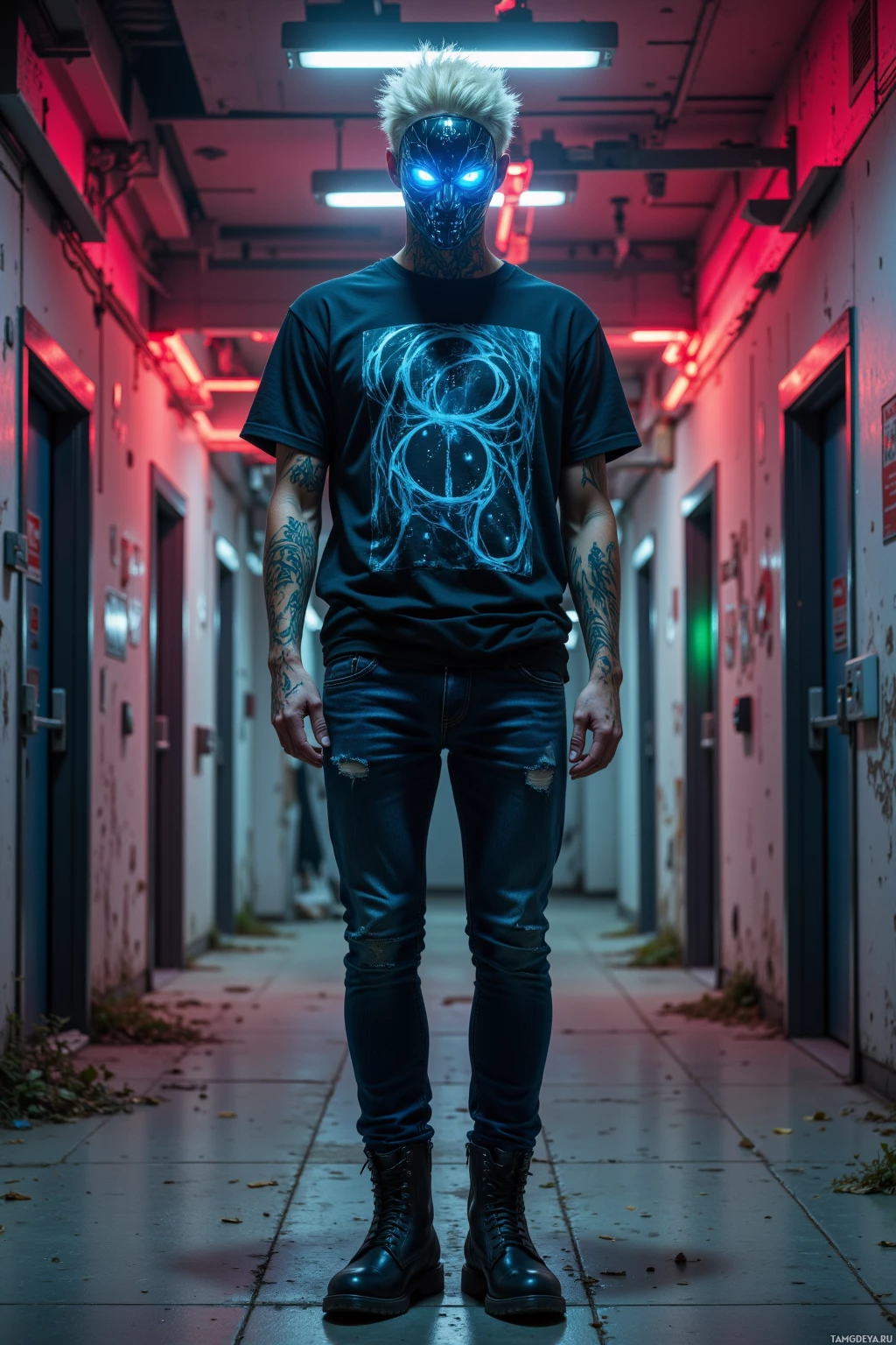 В полумраке коридора стоит человек в черной футболке со светящимся принтом, темных джинсах и армейских ботинках.