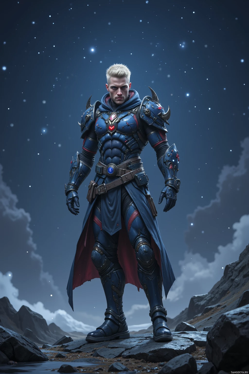 Воин в синих доспехах стоит на каменистой местности под звездным небом.