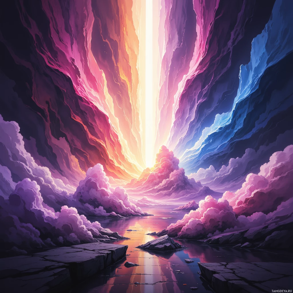 Яркий, сюрреалистичный пейзаж с сияющим вертикальным источником света, разноцветными облаками и отражающейся водной гладью.