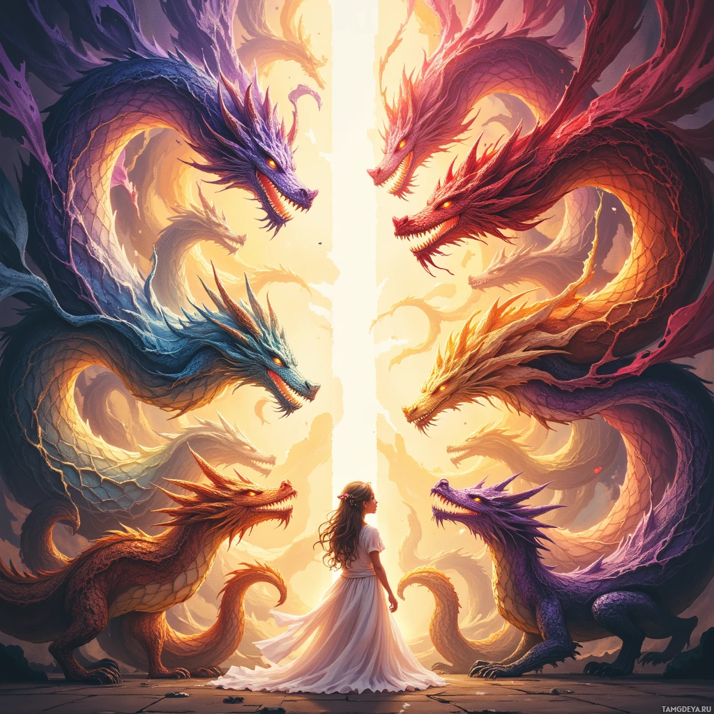 Девочка в белом платье стоит перед двумя огромными, разноцветными драконами со светящимися глазами.