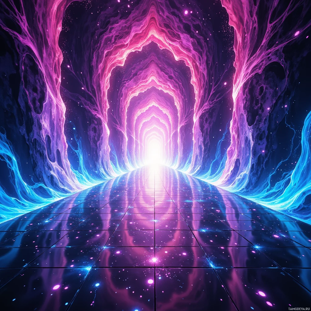 Яркий, космический туннель со светящимися краями и ярким светом в конце.
