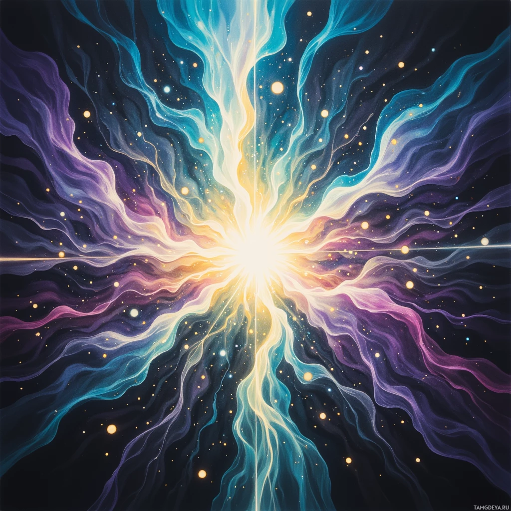 Яркая космическая сцена с сияющими лучами света и россыпью звезд на темном фоне.