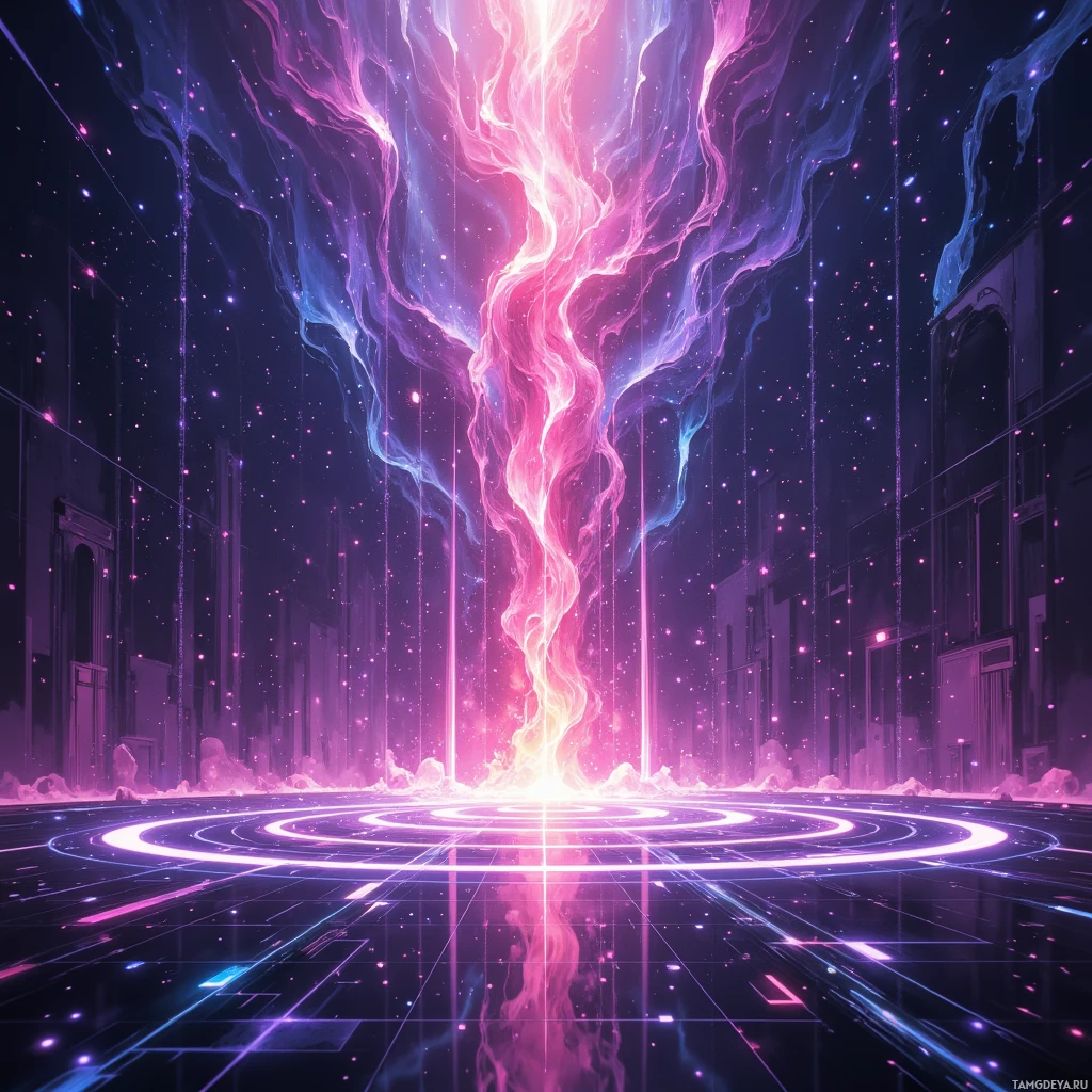 Яркая, футуристичная сцена с сияющей, абстрактной конструкцией, отличающейся плавными линиями и напоминая решетку.