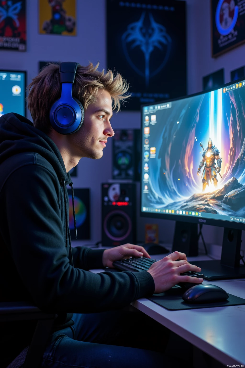 Человек в наушниках сидит за столом и работает на компьютере с красочным рабочим столом.