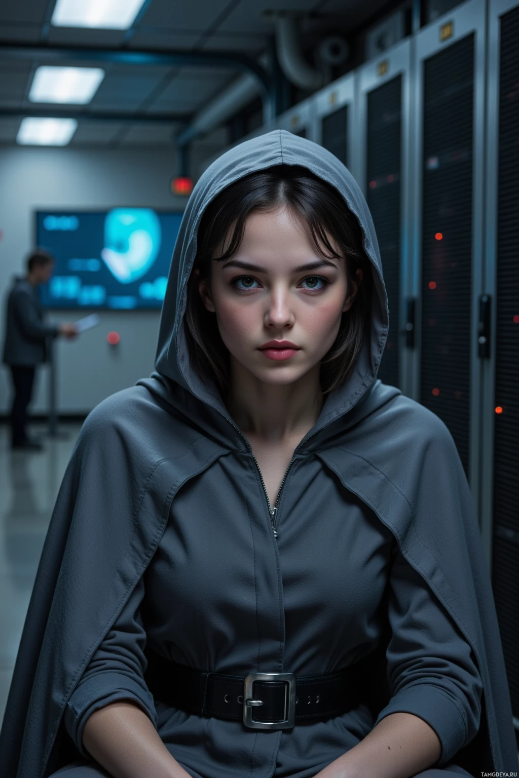 В серверной стоит человек в толстовке и поясе, на заднем плане - монитор.