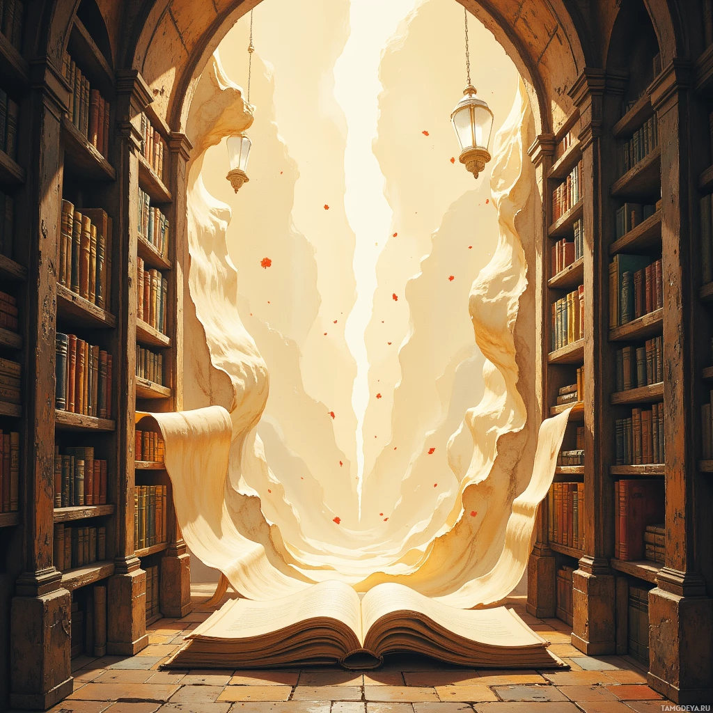 Величественная библиотека с возвышающимися книжными полками и открытой, светящейся книгой в самом её центре.