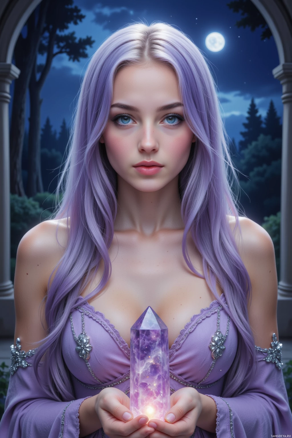 У женщины с длинными волнистыми фиолетовыми волосами в руках светится кристалл. На заднем плане — ночная сцена с полной луной и деревьями.