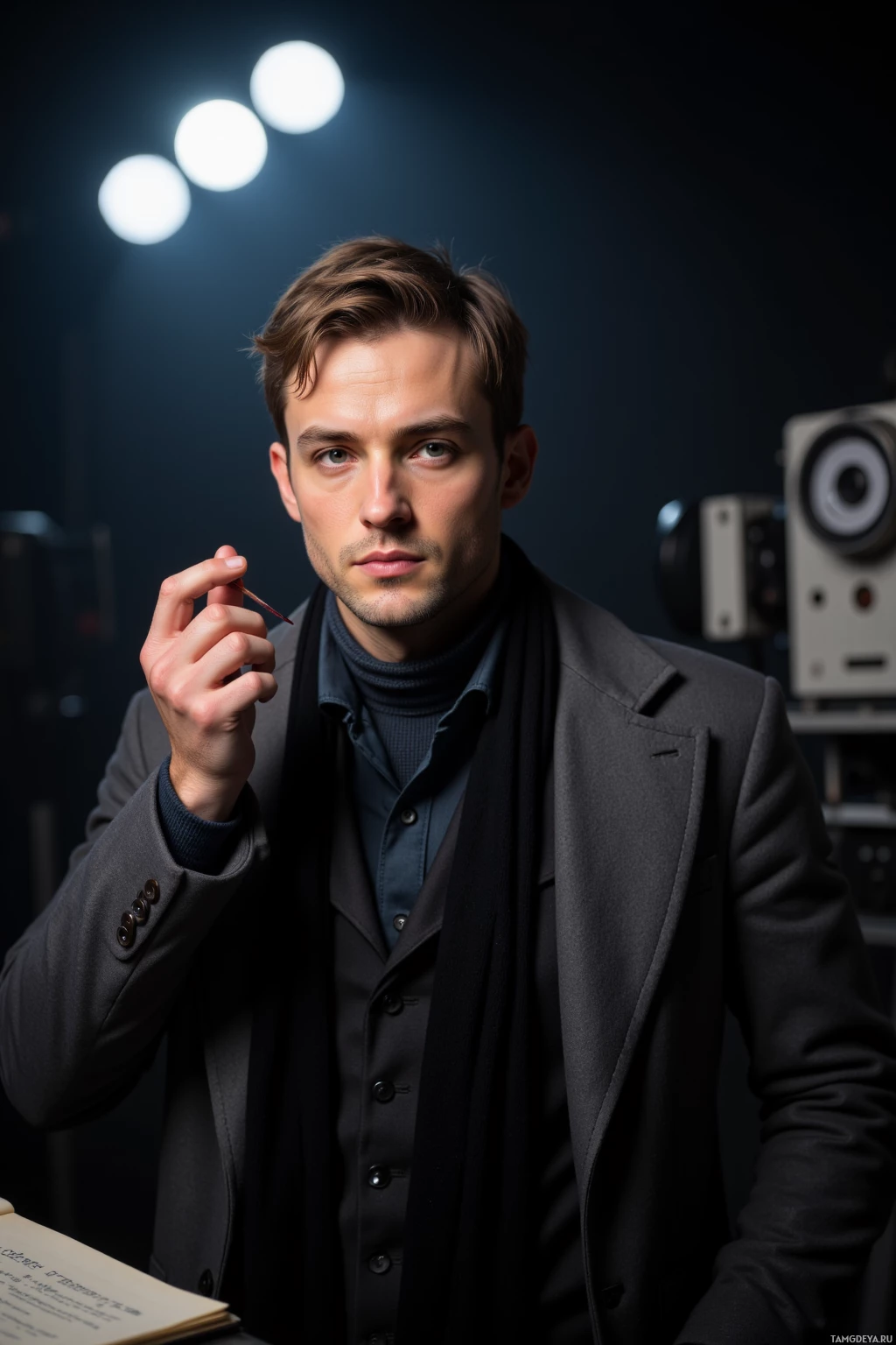 Мужчина в темном костюме и шарфе держит ручку и смотрит прямо в камеру.