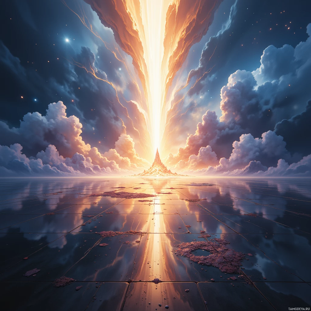 Безмятетный пейзаж с сияющим горизонтом, зеркальной гладью и эффектным небом, полным облаков и звёзд.