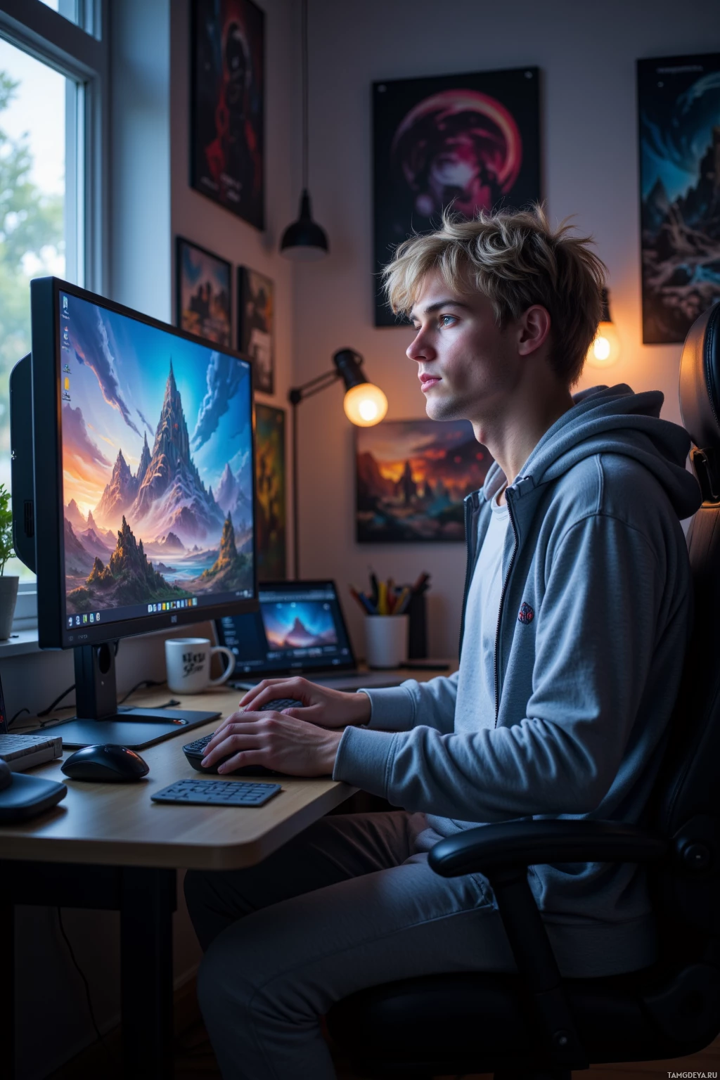 В полумраке комнаты человек сидит за столом, работая за компьютером с пейзажной фотографией гор на обоях.