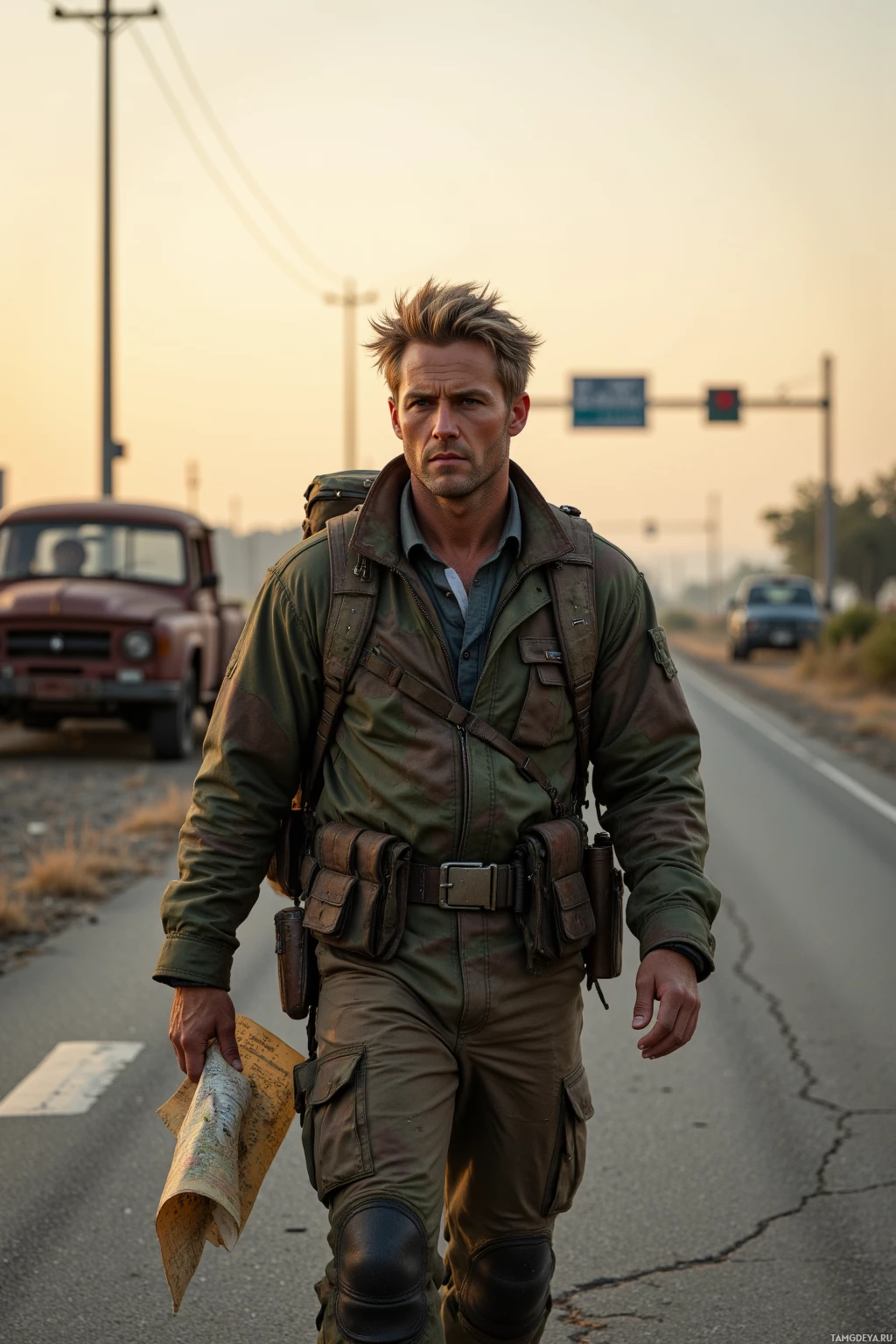 Мужчина в одежде милитари идёт по дороге, держа карту и неся рюкзак.