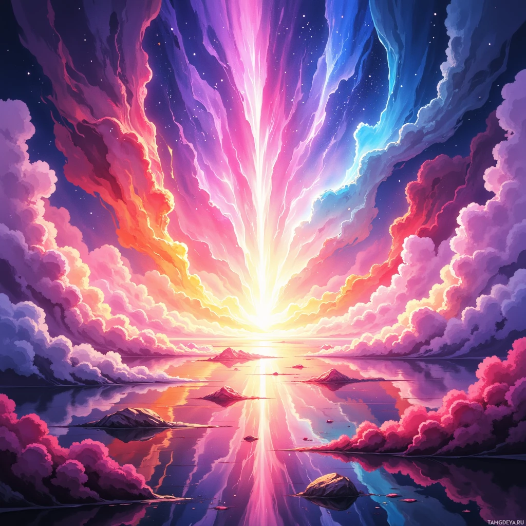 Яркий закат с разноцветными облаками и отражающейся водной гладью.