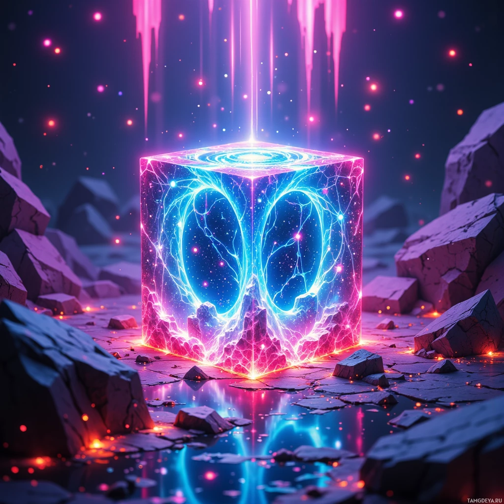 Светом неоновых огней пульсирует куб, излучая энергию на фоне каменистой местности и звездного неба.