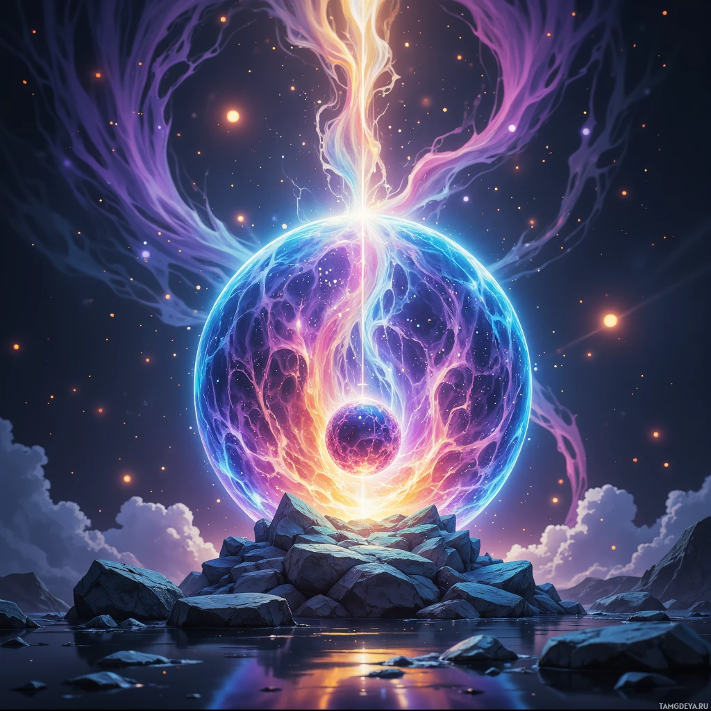 Сияющий, неземной шар излучает яркие энергетические нити на фоне звездного ночного неба, покоясь на каменистой местности.
