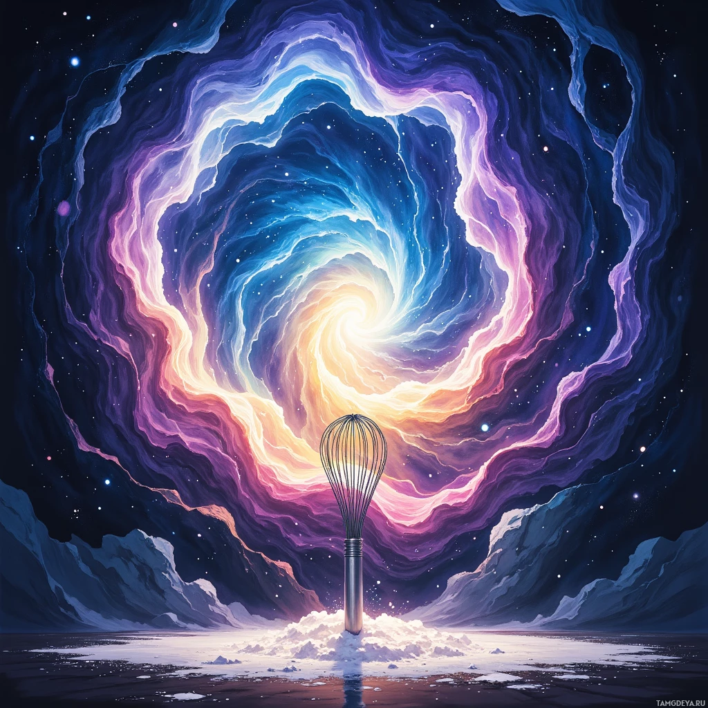 Яркая, космическая сцена с закручивающейся галактикой и объектом, похожим на венчик, на фоне заснеженного пейзажа.