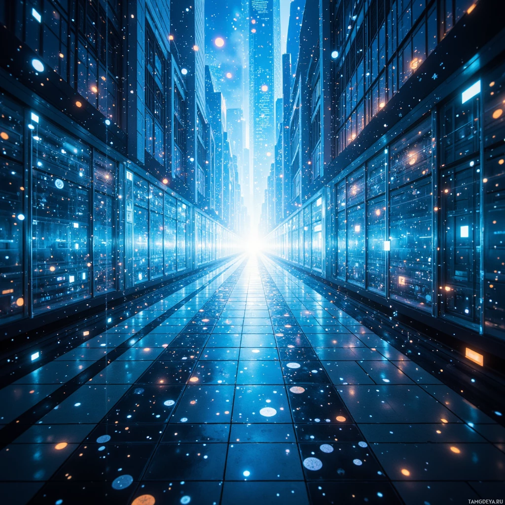 Футуристичный городской пейзаж с мерцающими огнями и высокими зданиями.