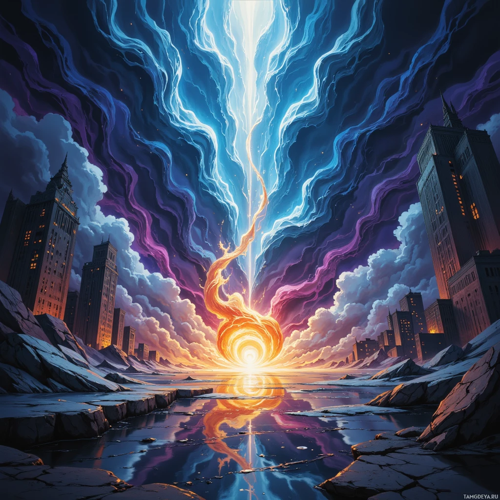 Яркий городской пейзаж, из которого вздымается светящийся, абстрактный луч энергии, отражаясь в водной глади.