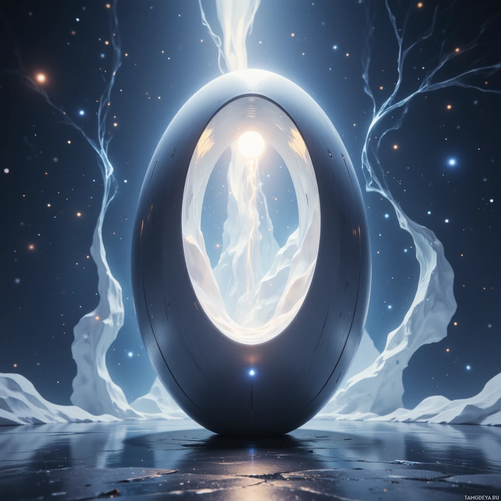 Сияющий, неземной шар с переливающимися потоками света на фоне звездного ночного неба.