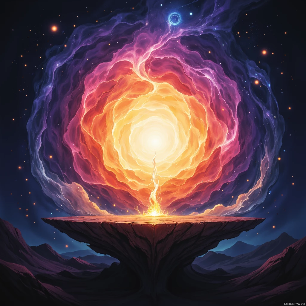 Яркая космическая сцена с сияющим, вращающимся порталом на фоне звездного ночного неба.