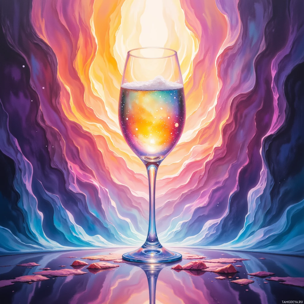 Яркая, космическая сцена, на которой изображен бокал с жидкостью, напоминающей галактику, на фоне вихрящихся, красочных облаков.
