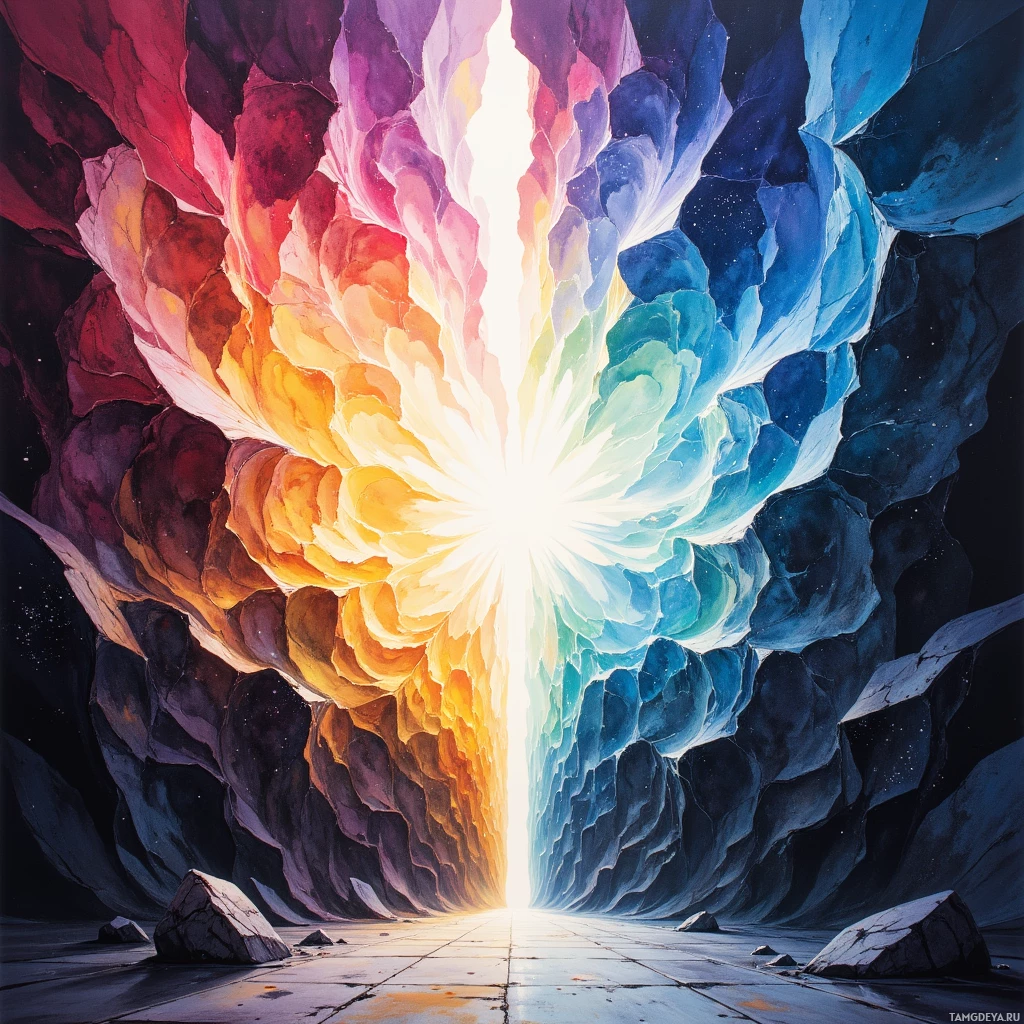 Яркая, красочная арка со светлым сиянием в центре на фоне темного, звездного неба.