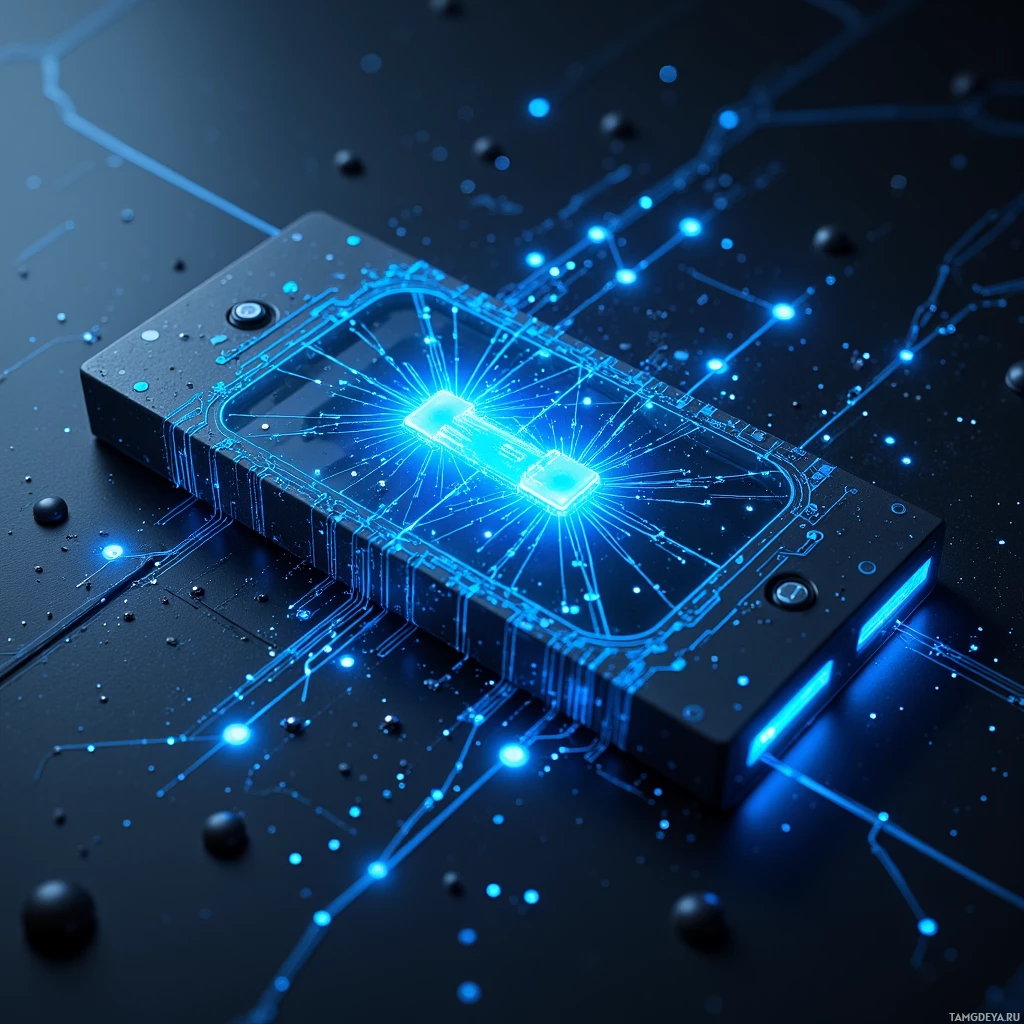 Светящаяся синяя печатная плата со сложной сетью дорожек и центральным источником света.