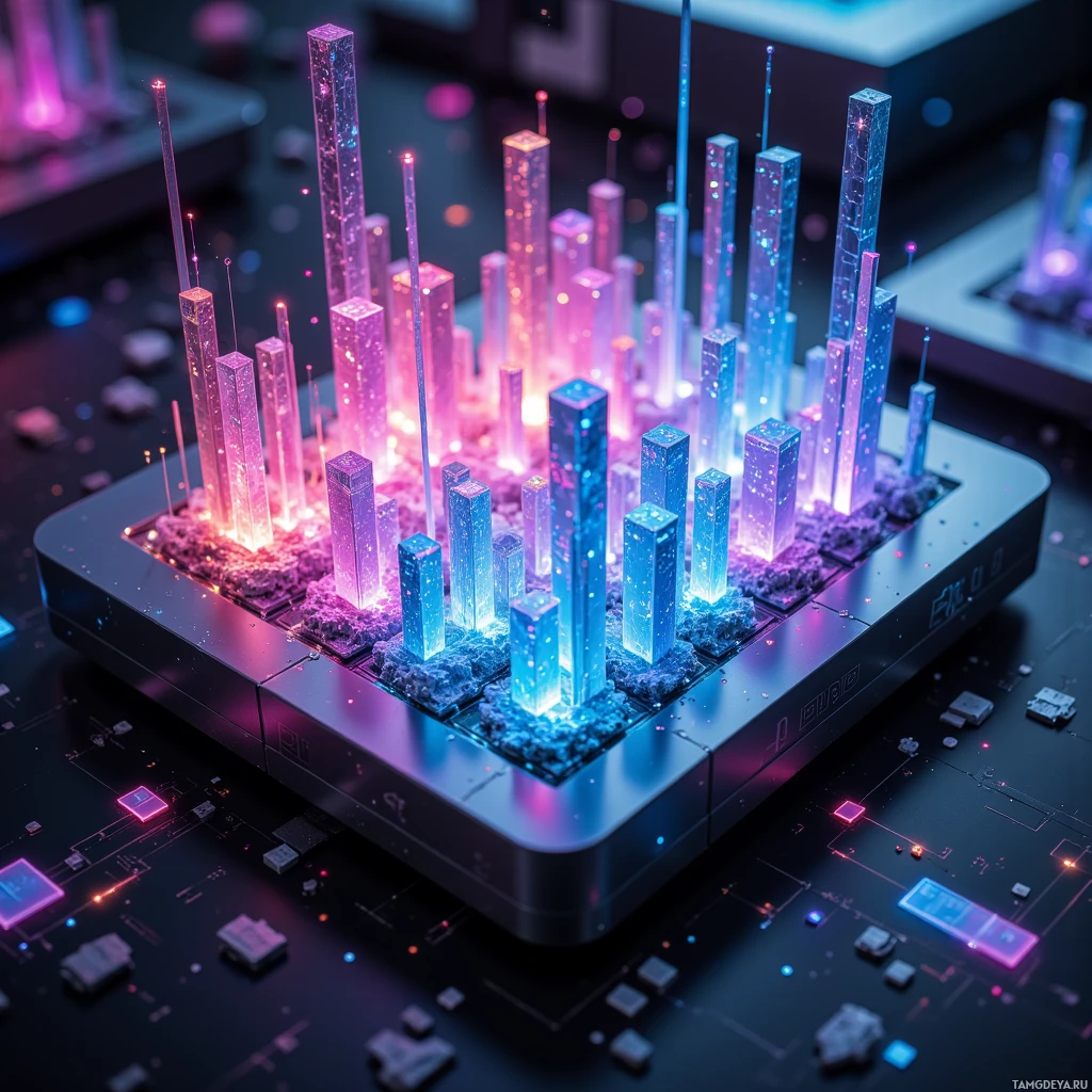 Футуристический городской пейзаж с сияющими небоскребами, залитыми неоновым светом, на фоне темной поверхности, напоминающей печатную плату.