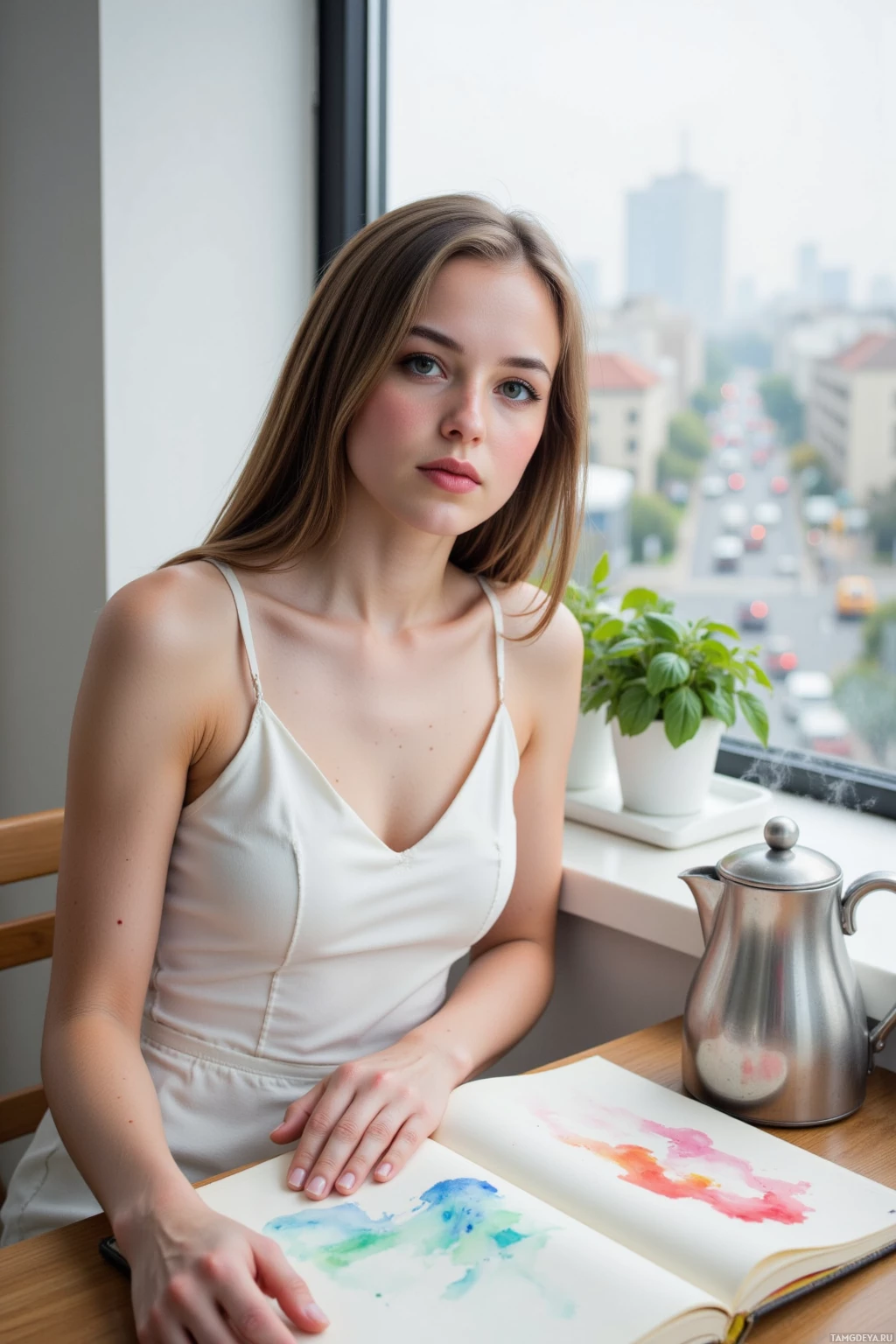 Женщина сидит за столом у окна, держа в руках акварельный рисунок.