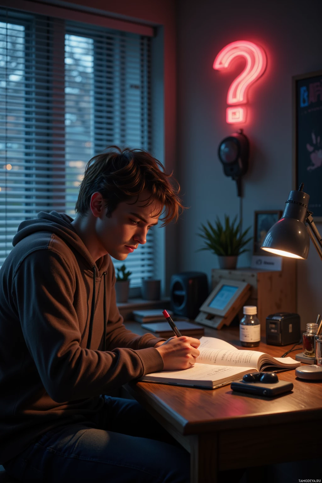 Человек сидит за столом и пишет в блокноте под настольной лампой.
