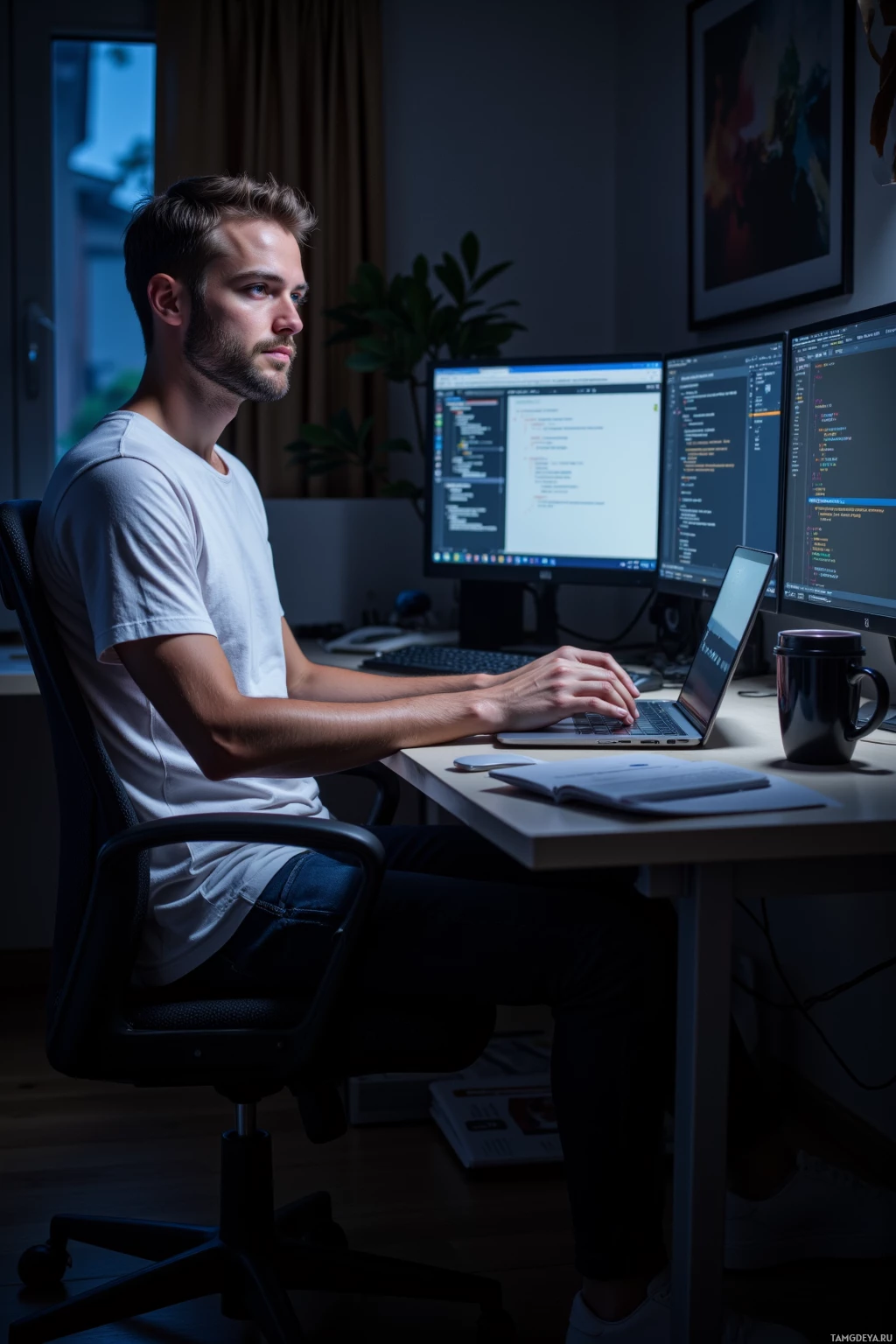 Человек сидит за столом и работает на ноутбуке с подключенными несколькими мониторами, на которых отображается код.
