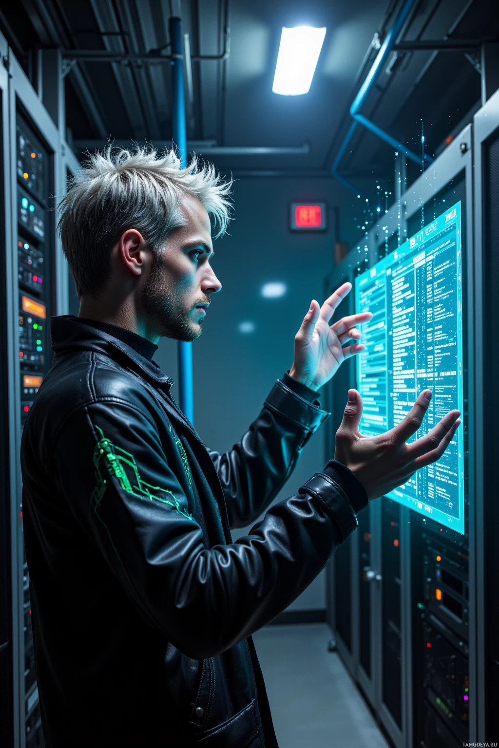 Человек взаимодействует с большим цифровым дисплеем в серверной.