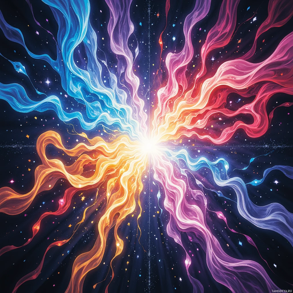 Яркая космическая сцена с вихрящимися, разноцветными потоками энергии, расходящимися на фоне звездного ночного неба.