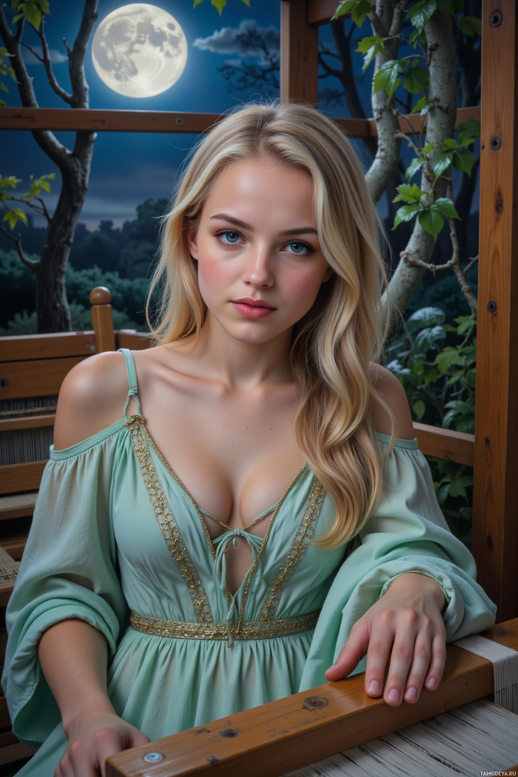 Женщина в светлом зеленом платье с золотой отделкой сидит на деревянной скамейке под ночным небом с полной луной.